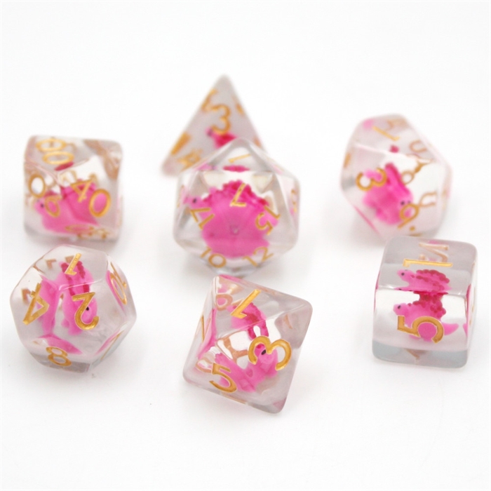 Clear Pink Dinosaur Dice - Resin Dice set - Epic Dwarf Dice