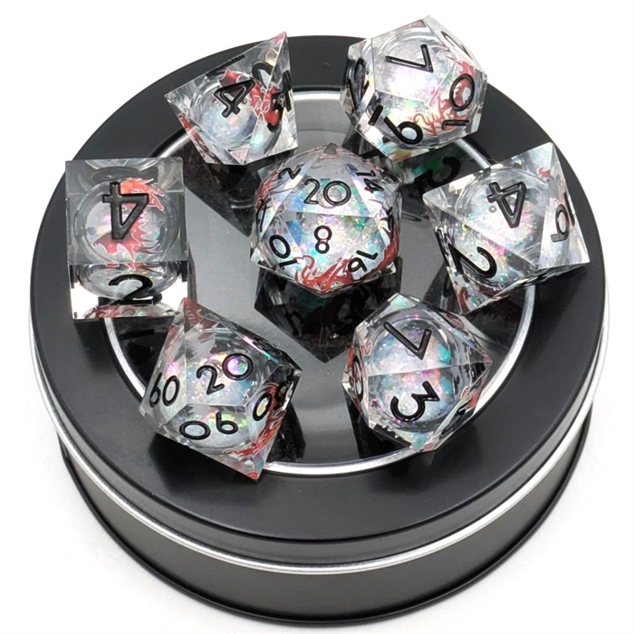 Liquid Core Dragon Dice - Crystal black numbers - Resin dice set sharp edges - Epic Dwarf Dice