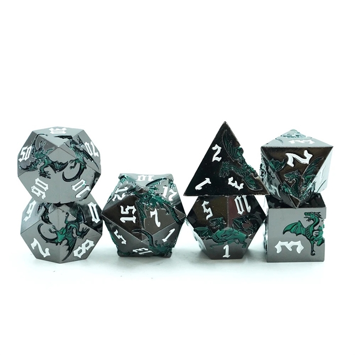 Metal Dragon Mat Black Metal with Green Dragons - Metal RPG Dice - Epic Dwarf Dice