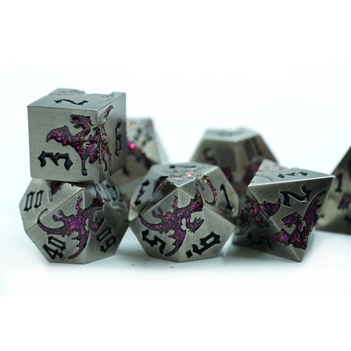 Metal Dragon Matt Metal med Purple Dragon - Metal RPG Dice - Epic Dwarf Dice