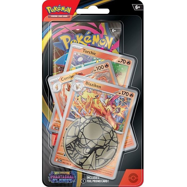 Pokémon TCG Phantasmal Flames Premium Checklane Blister with Blaziken evolution line promos, booster pack, and metallic coin