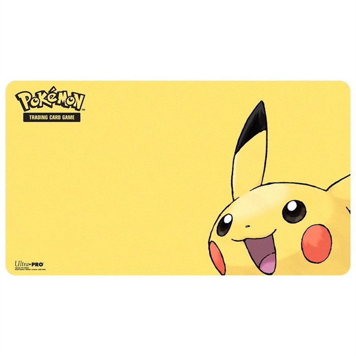 Pikachu playmat for Pokémon TCG, approx. 61 × 34 cm, soft fabric surface, stitched edge, neoprene anti-slip base