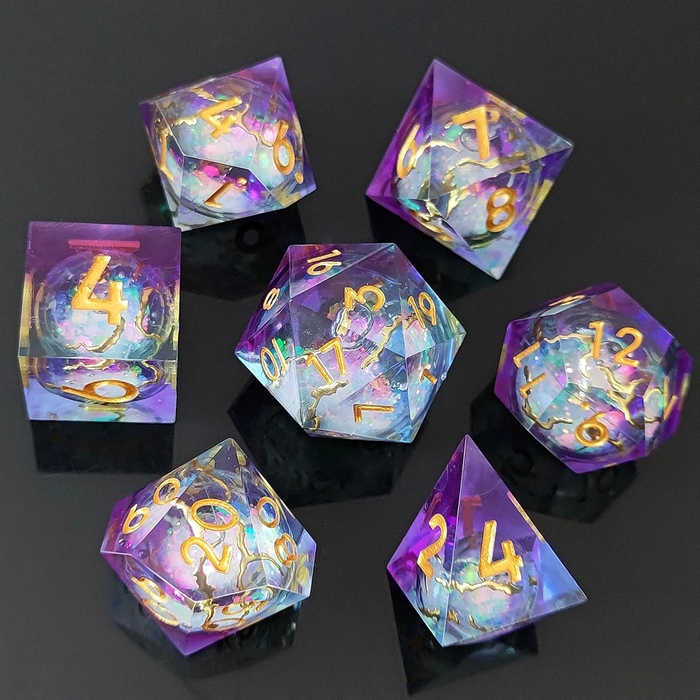 Resin Sharp Edge Liquid Core - Purple Blue with Gold Vains and numbers - RPG Dice Set - Epic Dwarf Dice