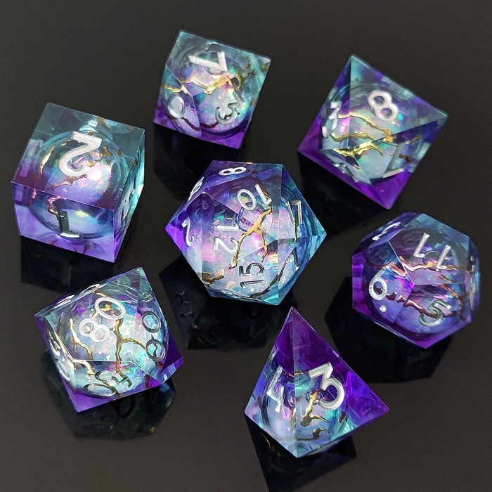Resin Sharp Edge Liquid Core - Purple Blue with gold vains silver numbers -  RPG Dice Set - Epic Dwarf Dice