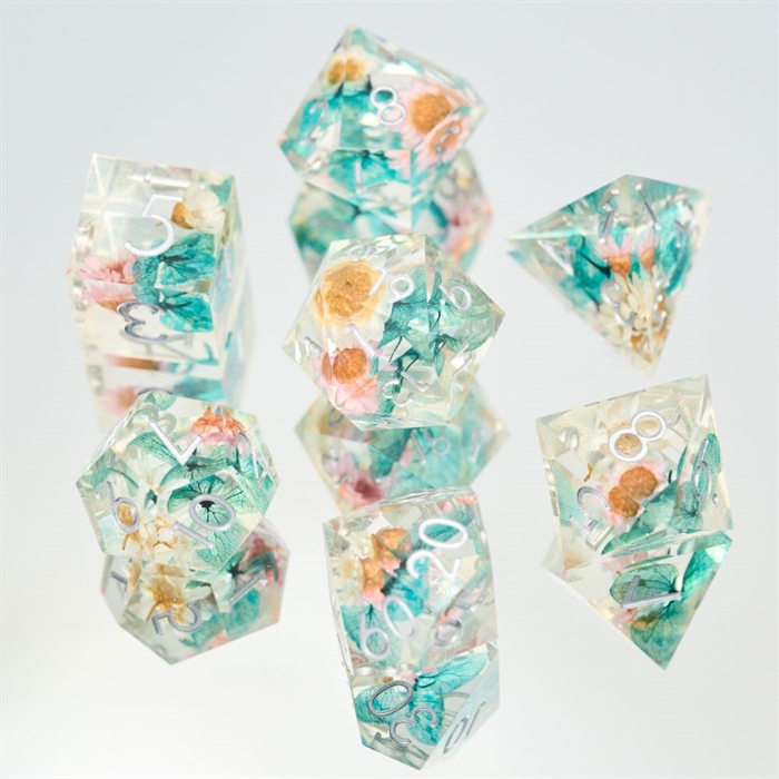 Sharp Edge Resin Dice Set - Colorful Flower - Metal RPG Dice - Epic Dwarf Dice